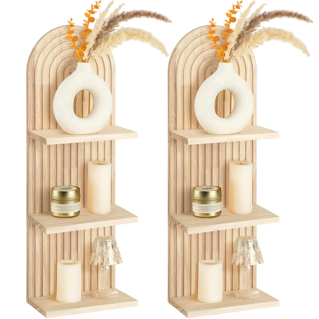 Boho Arch Wood Wall Shelves – Set of 2 (3-Tier)