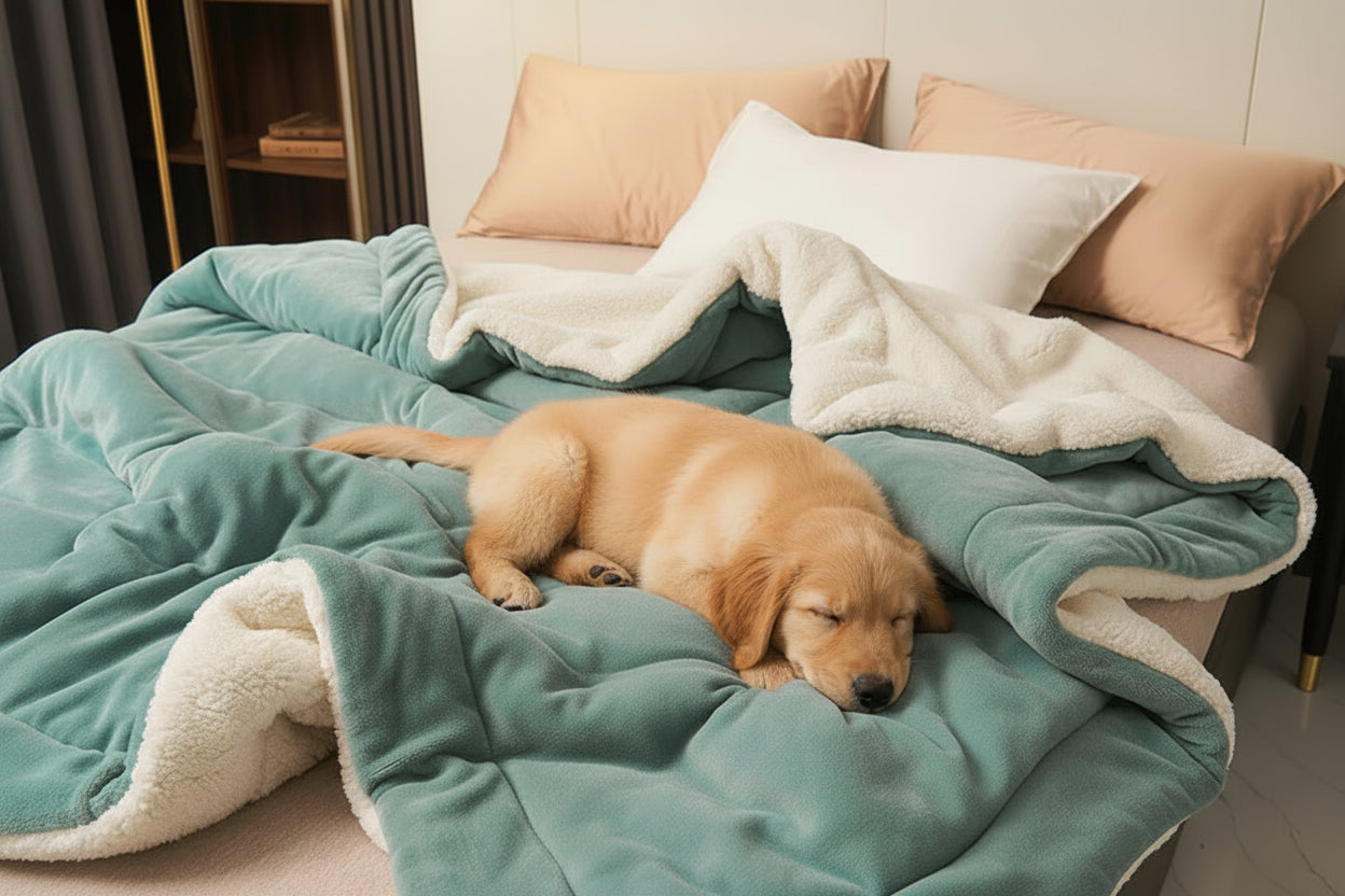 Teal and white blanket draped over a sofa with pillows and a magazine.